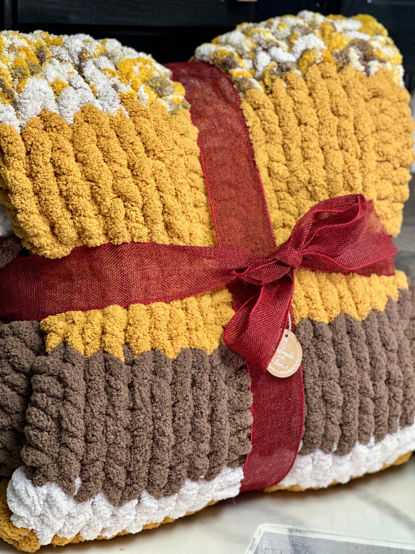 READY TO SHIP - Large Chunky Knit Blanket - Yellow Fall - Garter Stitch